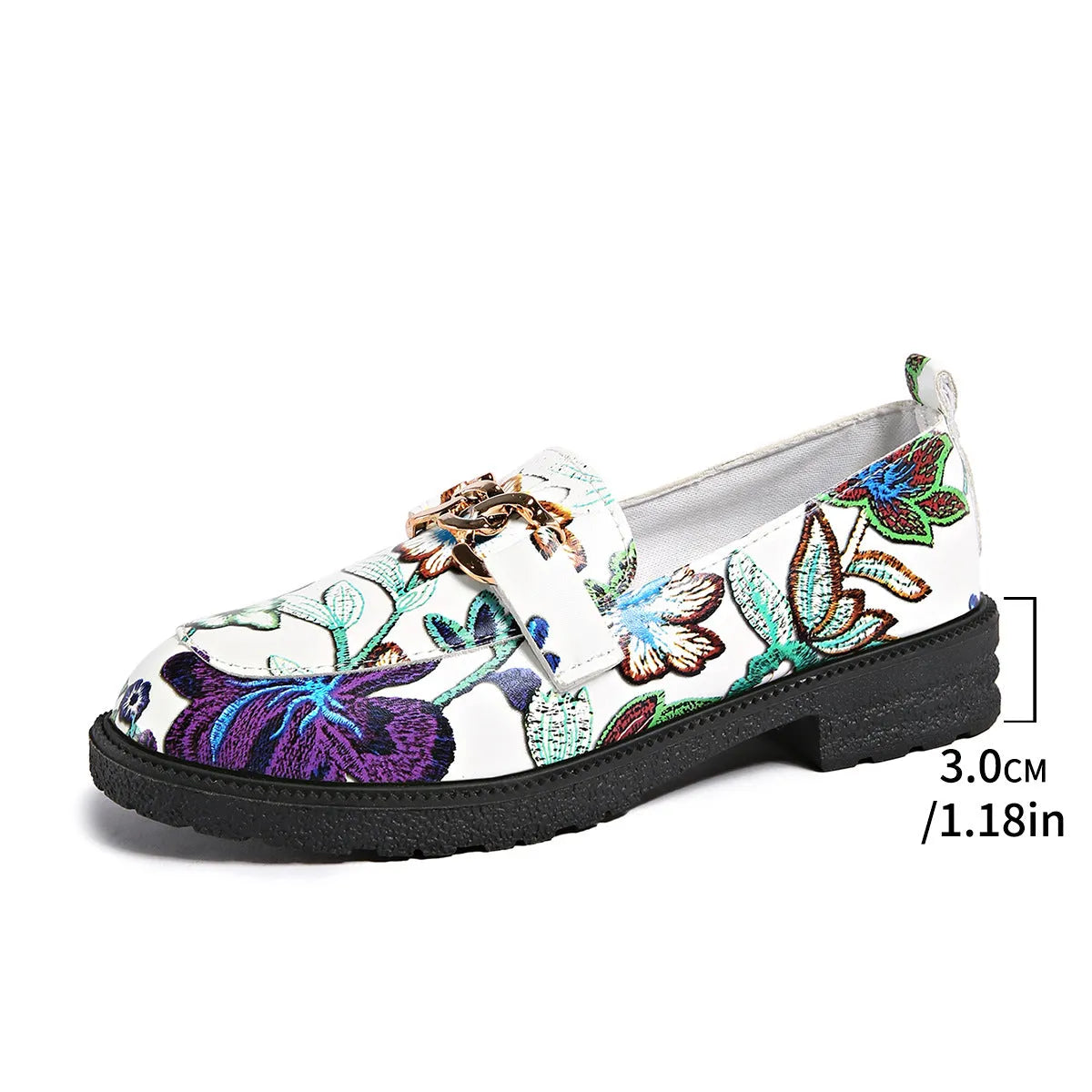 Plus size British style loafers with chunky heel, flower chain, and round toe in colour 01-3