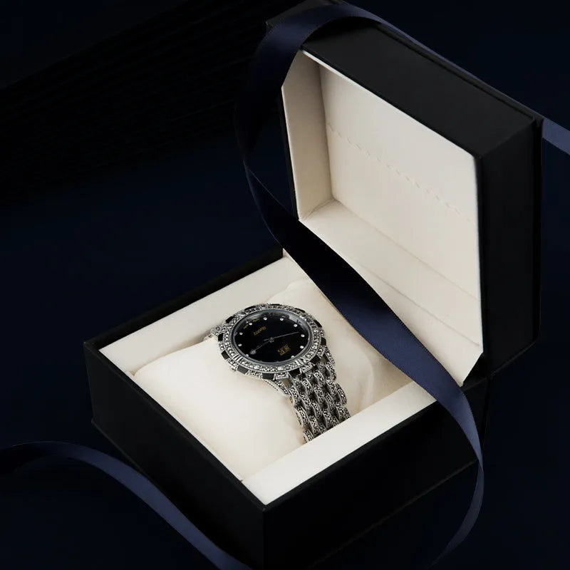Quartz movement watch with metal bracelet, 41mm round dial, black or white plate, jewellery buckle