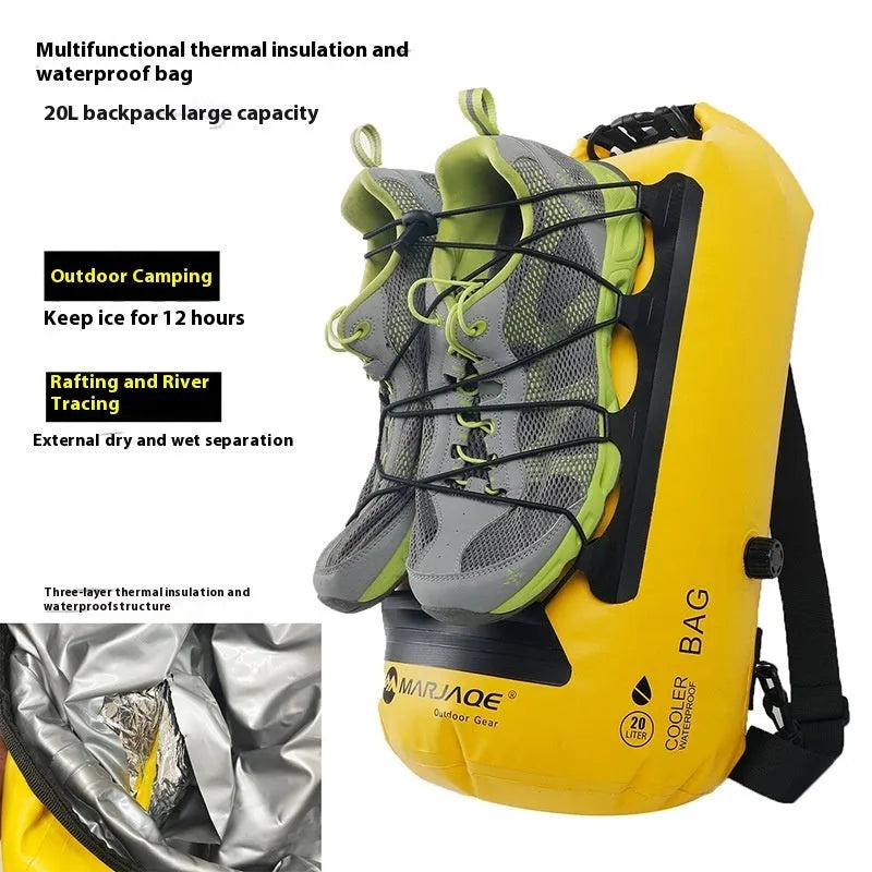 Yellow and black waterproof dry bag backpack with 20L capacity for water sports
