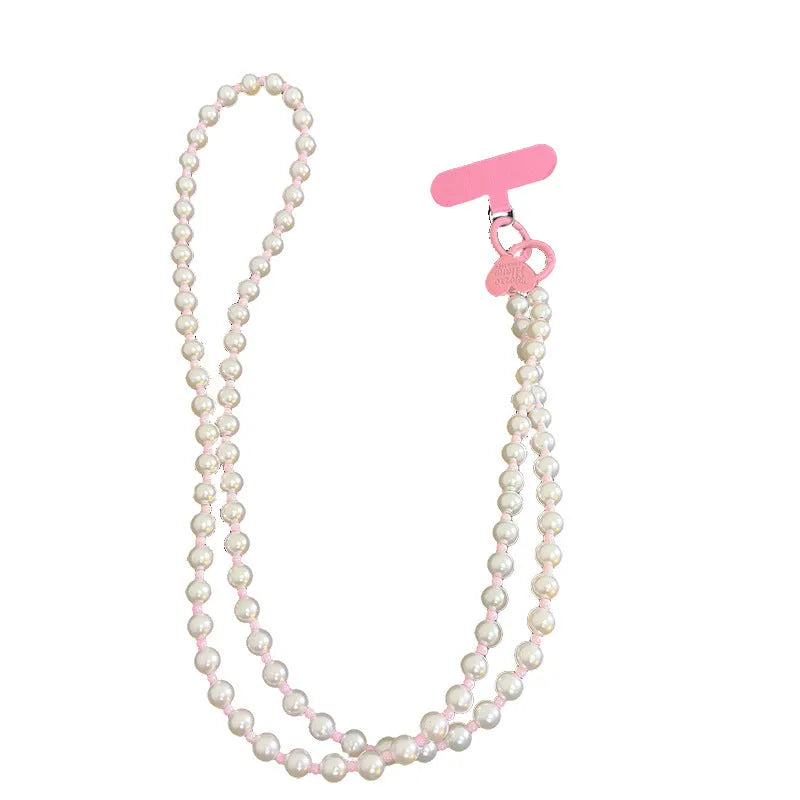 Pink pearl beaded mobile phone lanyard with crossbody long shoelace and short rope wrist strap options, small pink clip.