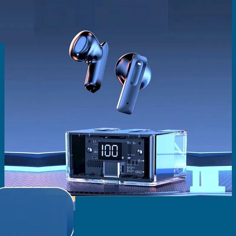 Transparent space capsule case containing true wireless Bluetooth earphones in various colour options