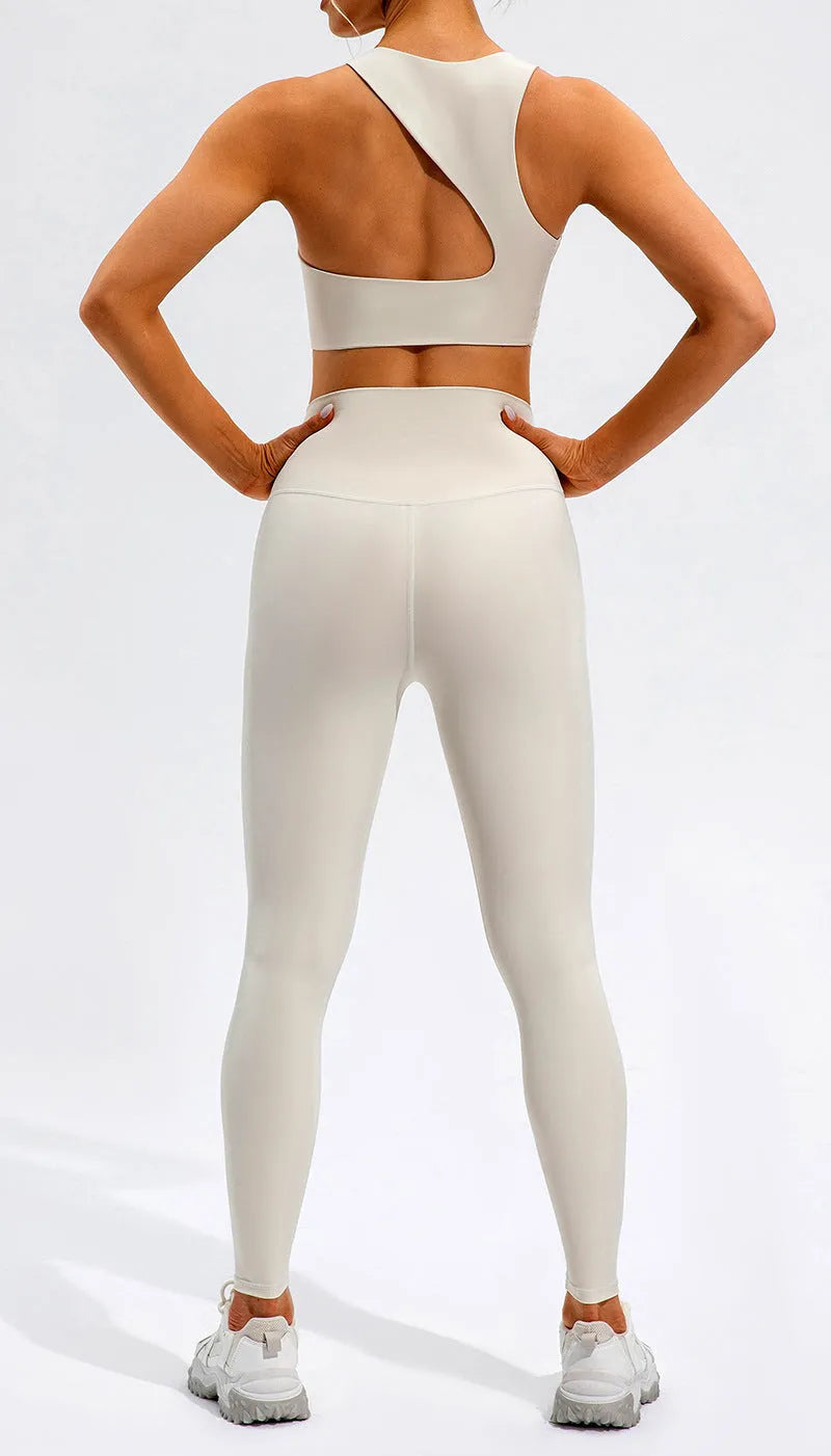 High waist running sports fitness yoga clothes set in Lycra fabric off-white black and dark brown tight fit women