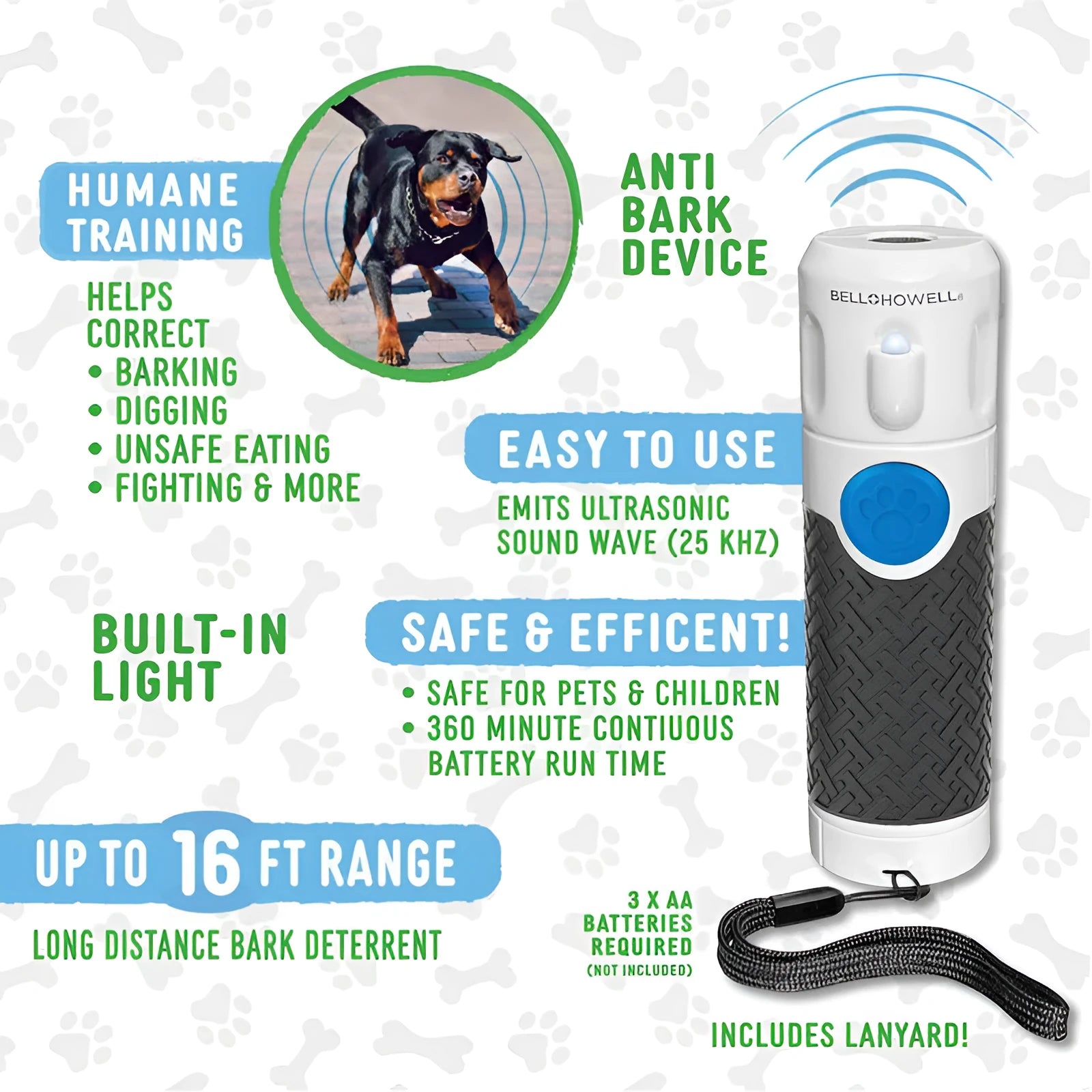 White ABS plastic handheld ultrasonic dog trainer for bark control with battery operation