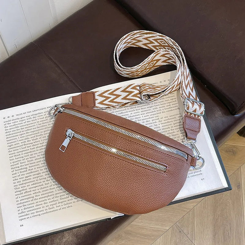 Wide shoulder strap large capacity saddle bag in beige with horizontal square shape and outer sandwich pocket