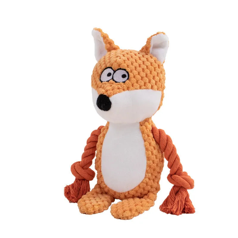 Plush animal dog toy with cotton rope core for tug of war games.