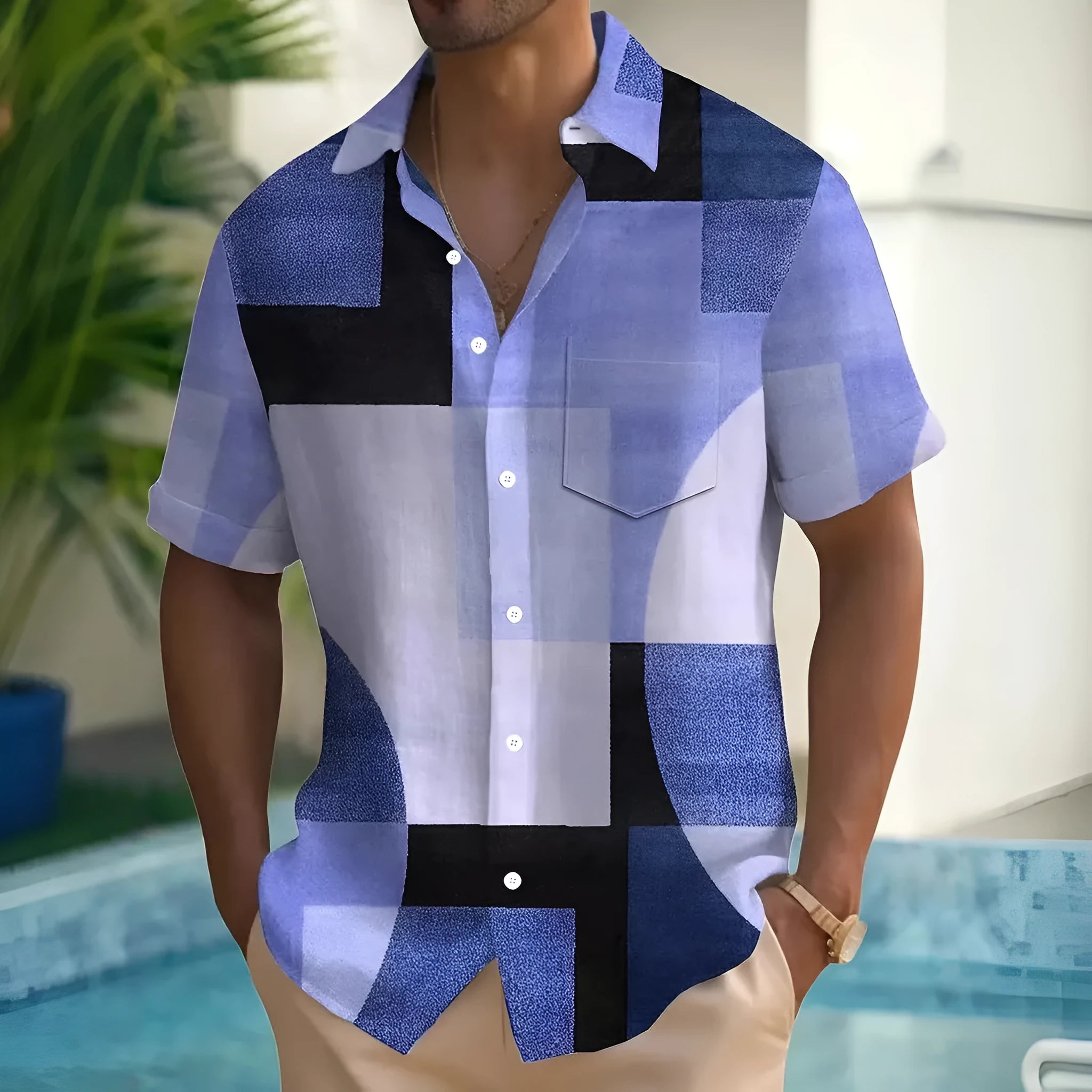 Men's loose cardigan shirt with retro geometric contrast colour 3D print on elastic polyester fabric