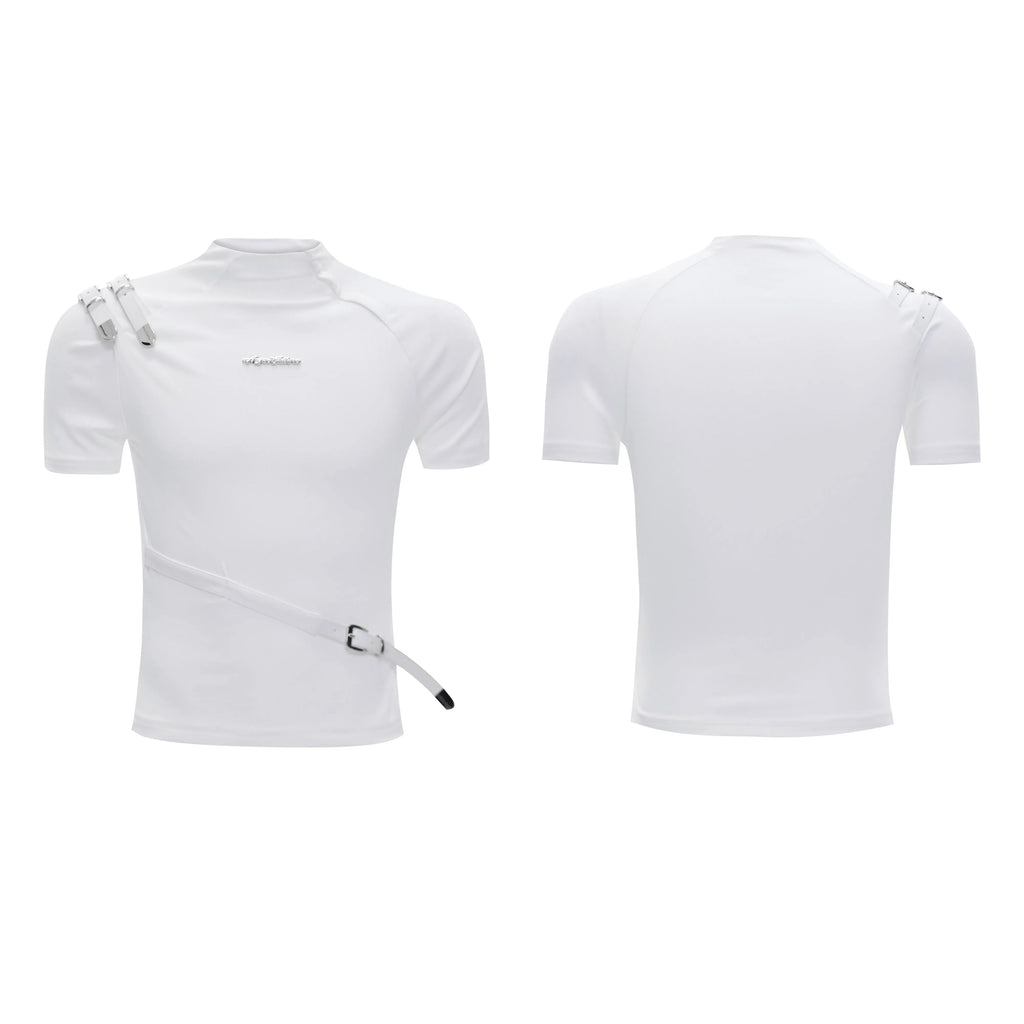 Men's slim fit cotton T-shirt with metal belt design and small stand-up collar in black and white options