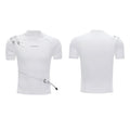 Men's slim fit cotton T-shirt with metal belt design and small stand-up collar in black and white options