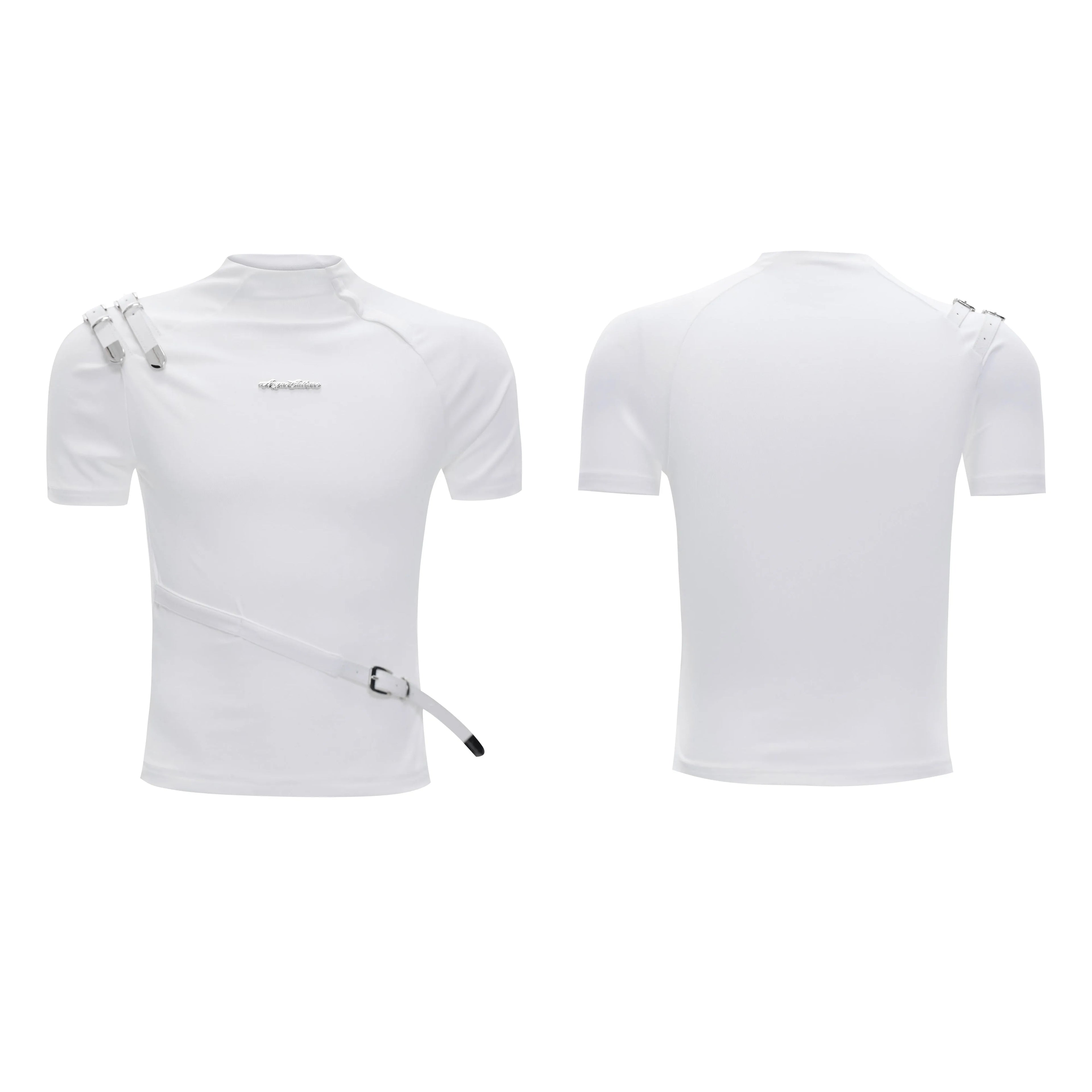 Men's slim fit cotton T-shirt with metal belt design and small stand-up collar in black and white options