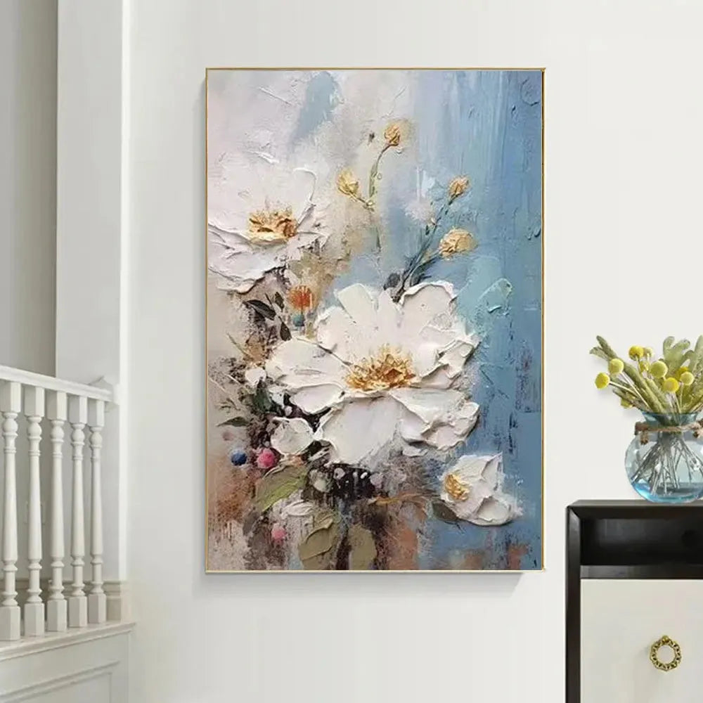 Handmade oil painting canvas wall art with thick 3D texture white modern abstract flowers