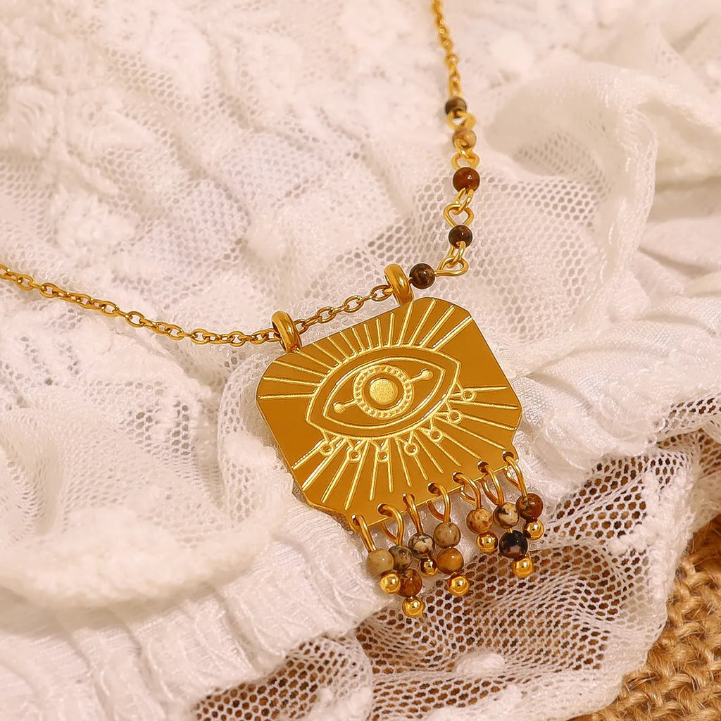 Gold retro natural stone square pendant necklace with bohemian evil eye on titanium steel chain