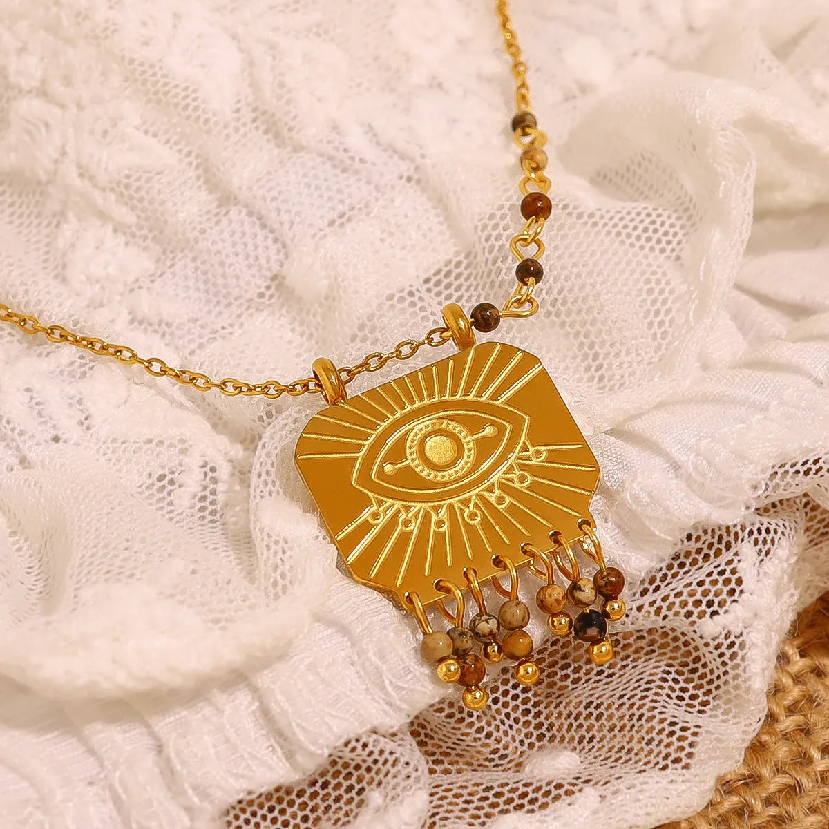 Gold retro natural stone square pendant necklace with bohemian evil eye on titanium steel chain