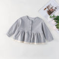 Grey baby long sleeve top with fake two-piece cardigan and lace design, cotton fabric, sizes 90cm to 130cm.