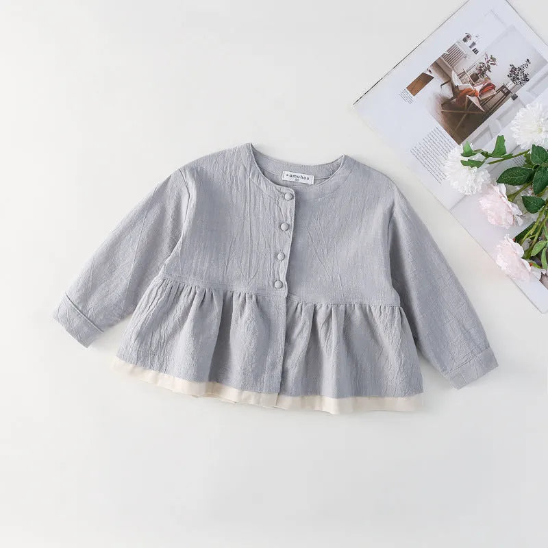 Grey baby long sleeve top with fake two-piece cardigan and lace design, cotton fabric, sizes 90cm to 130cm.