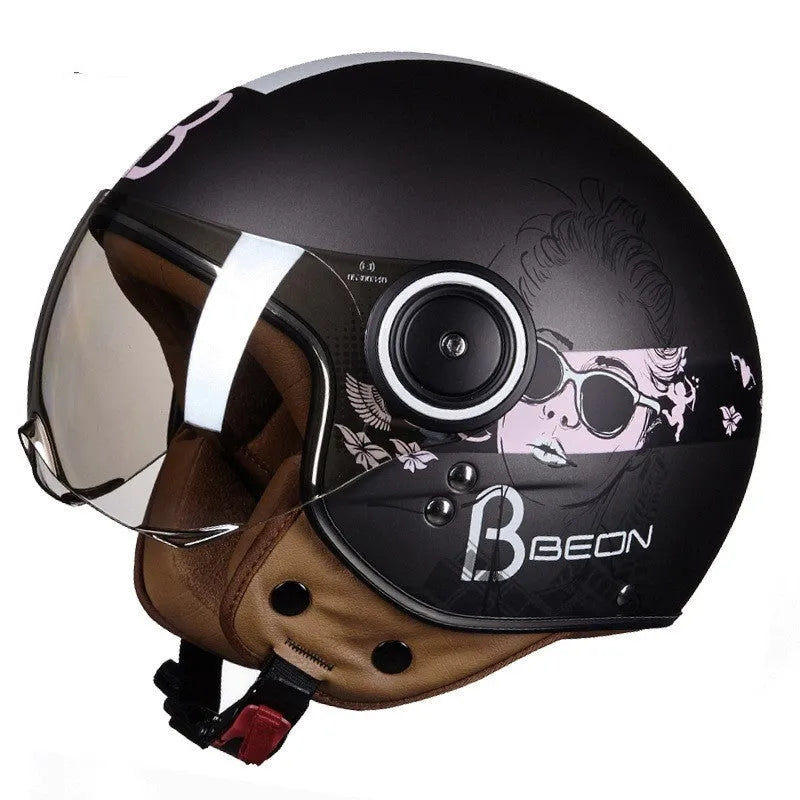 Retro battery car half helmet in ABS plastic showing colour options including bright blue red and matte black orange