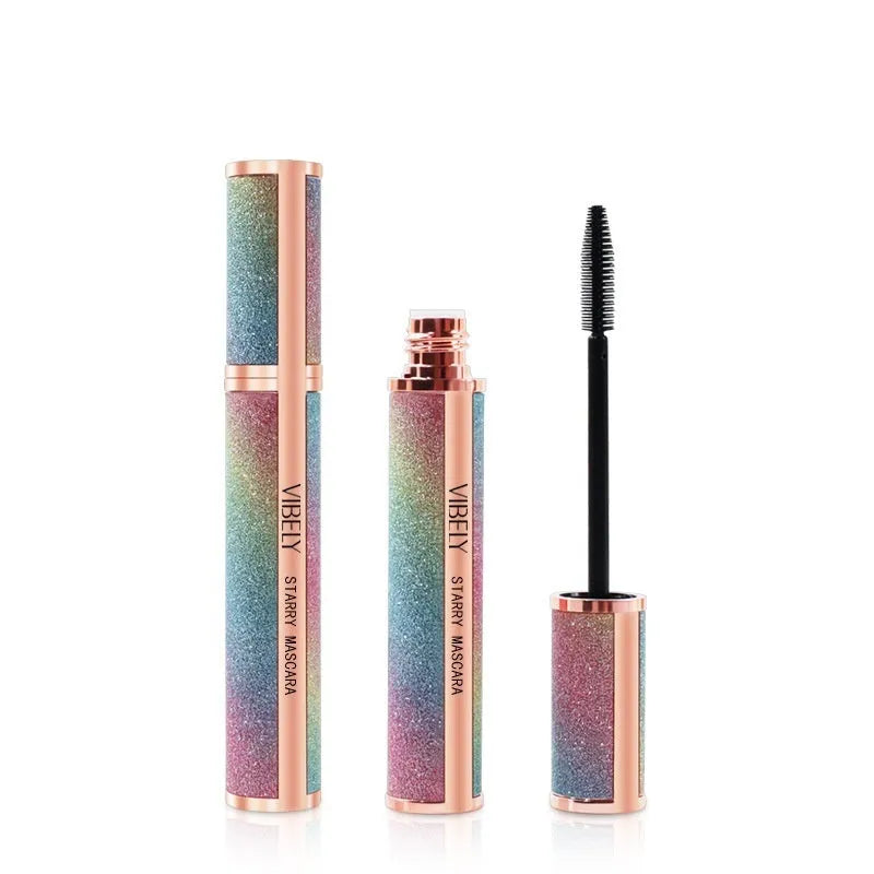 Black waterproof mascara product showing 4D long thick curling effect on lashes
