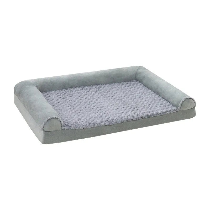 Light grey cloth dog kennel shelter with raised sides for a medium-sized dog