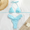 Women's solid colour pleated bikini set with chest pad in nylon, available in black, blue, green, orange, pink, and yellow