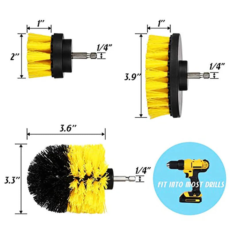 Three nylon drill brushes in different sizes for cleaning bathroom, tile and grout surfaces.