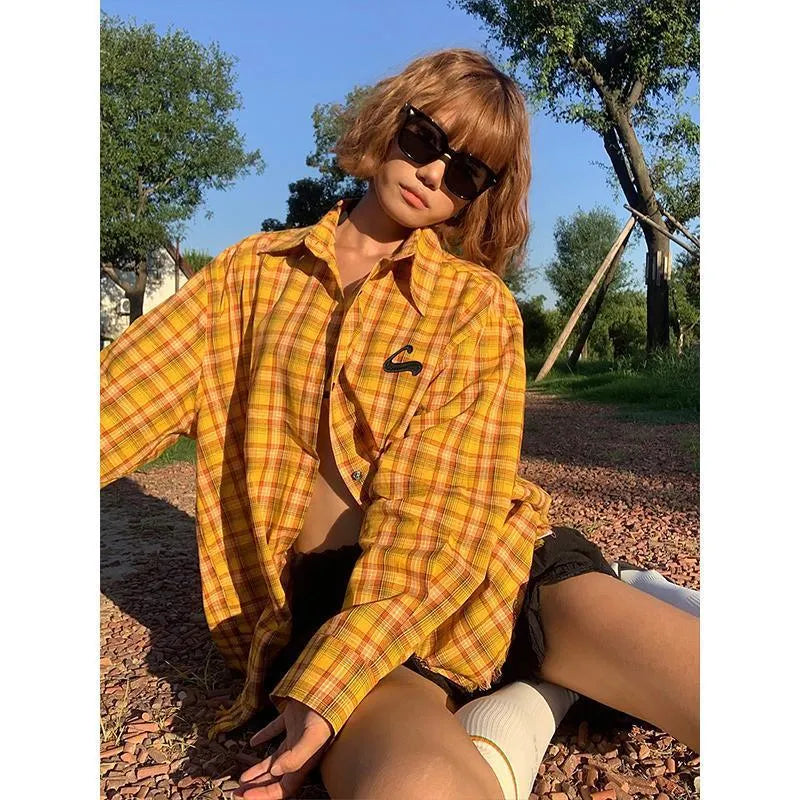Original American dopamine yellow plaid loose fit casual shirt for men and women