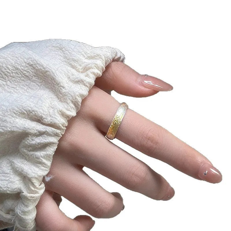 J14 Xiangyun pattern open-mouth ring with geometric shape and silver gold electroplated finish