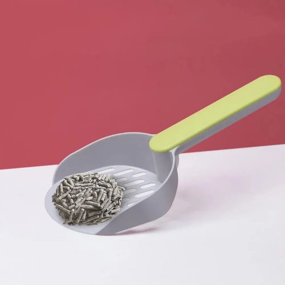 Plastic cat litter shovel with fine mesh sieve in blue, green, or pink colours