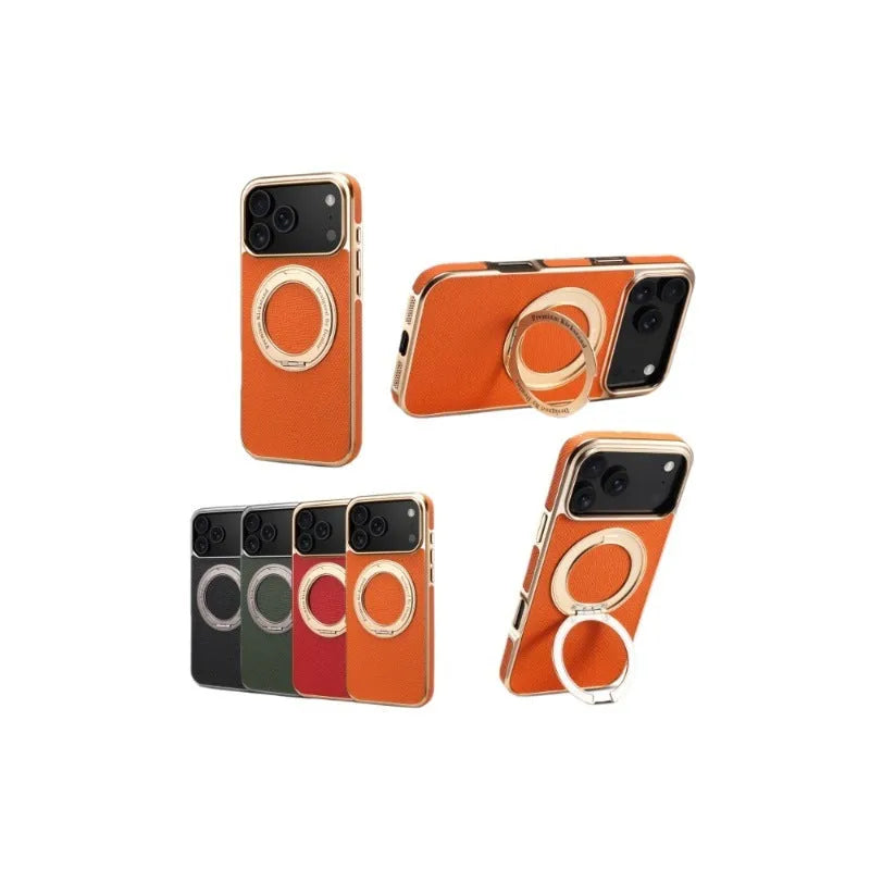 Genuine leather magnetic phone case for iPhone with electroplating finish in green colour with bracket feature