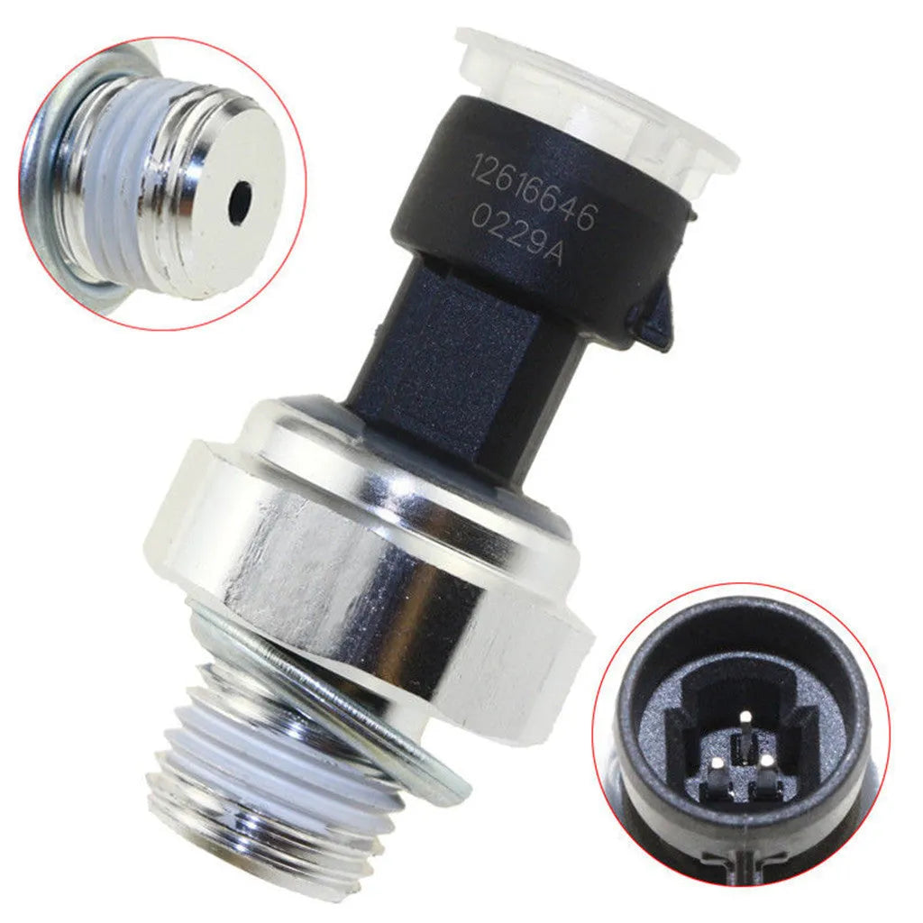 Oil pressure sensor for Buick Chevrolet vehicles with visible part numbers and electrical connector