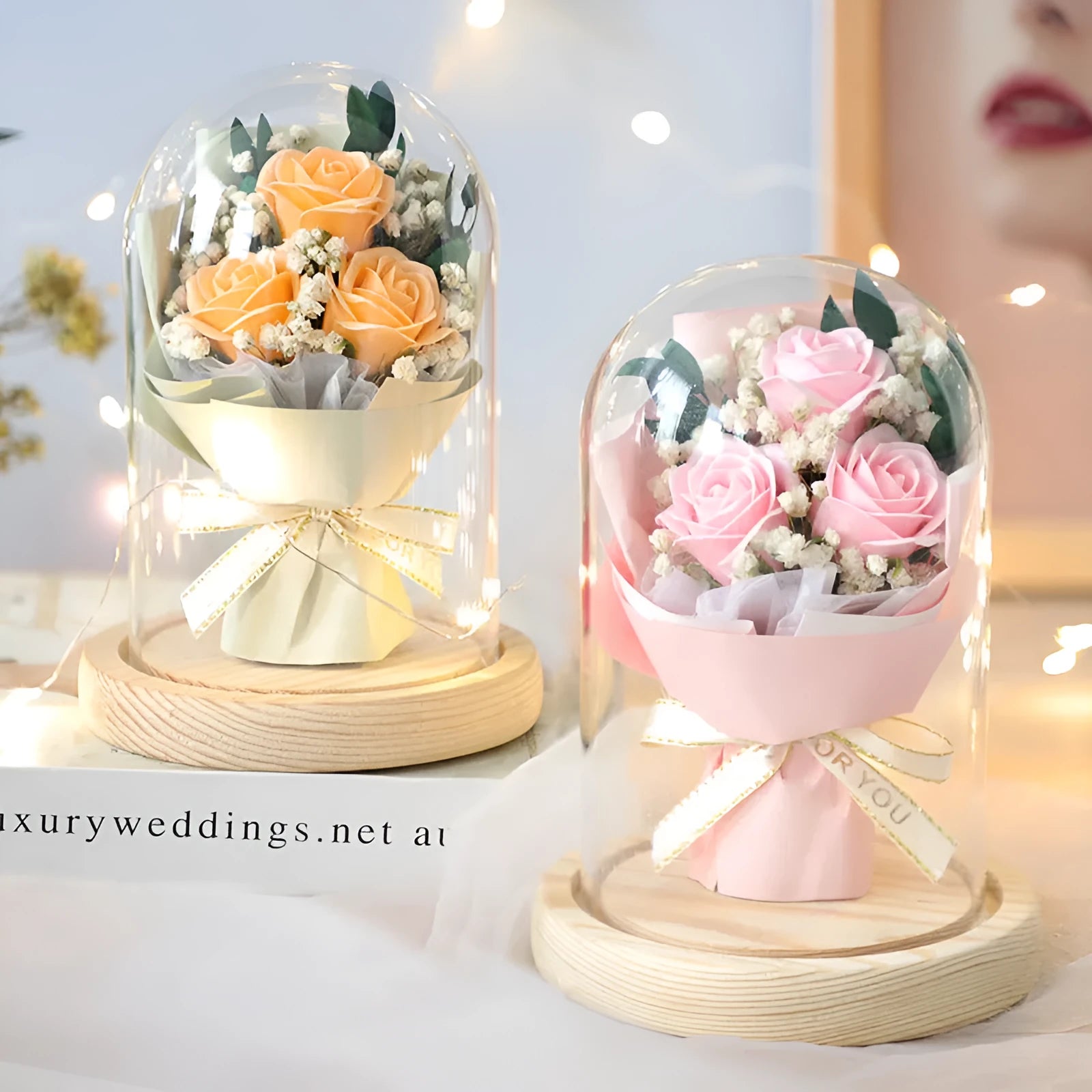 Soap flower bouquet under glass dome cover in red rose option
