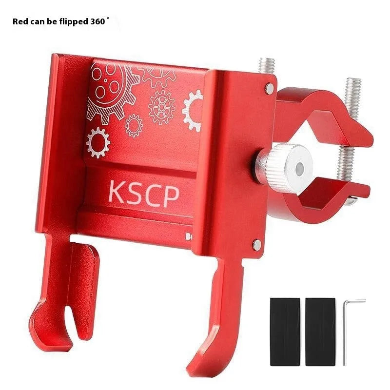 Aluminium alloy mobile phone holder mounted on a bicycle handlebar in black colour.