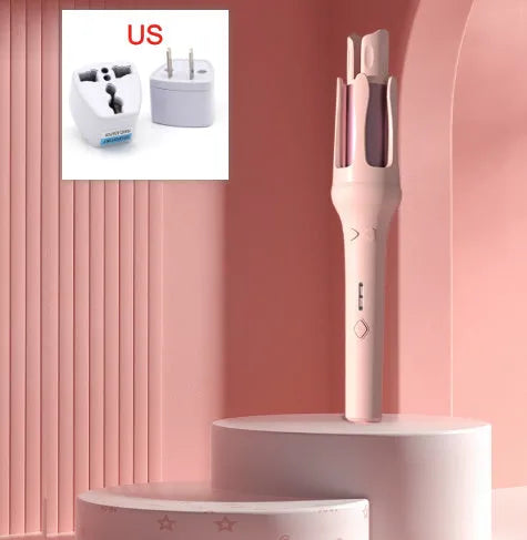 White and pink automatic hair curler with a rotating 32mm ceramic barrel and a power plug.