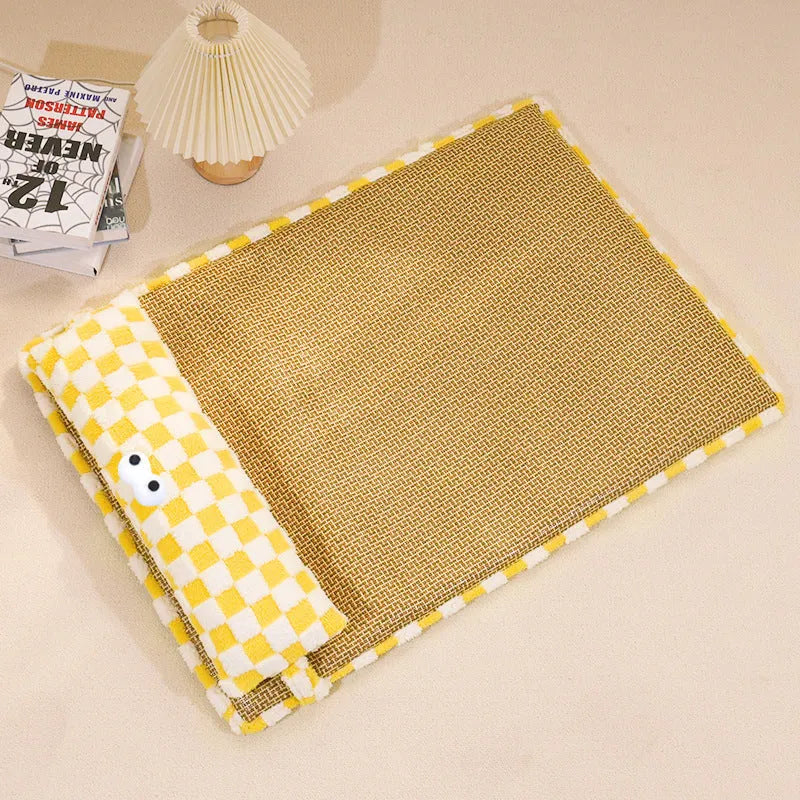 Four sizes of universal pet cushion with grey and yellow colour options showing different dimensions