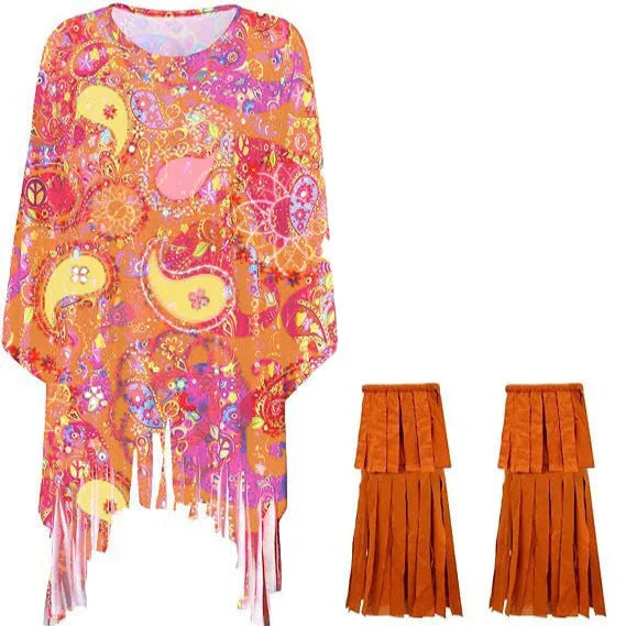 Person wearing a vibrant rainbow tie-dye sleeveless cloak with large bell sleeves at a festival.
