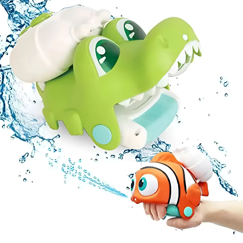 Children's handheld animal water gun toy in clownfish, shark, crocodile or dinosaur design.