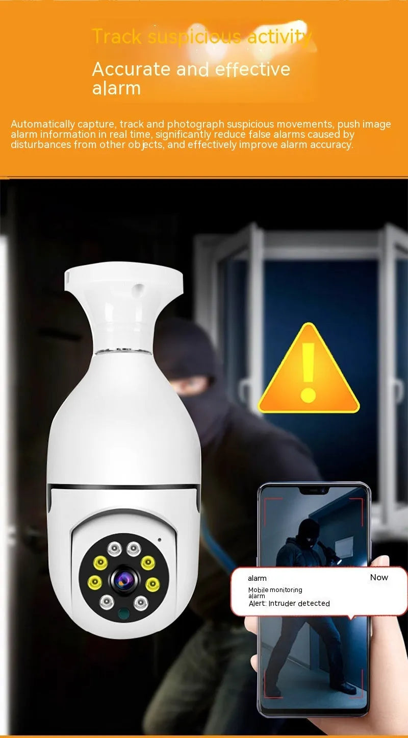 Wireless WiFi security bulb camera with metal base and plastic housing, shown next to its packaging.