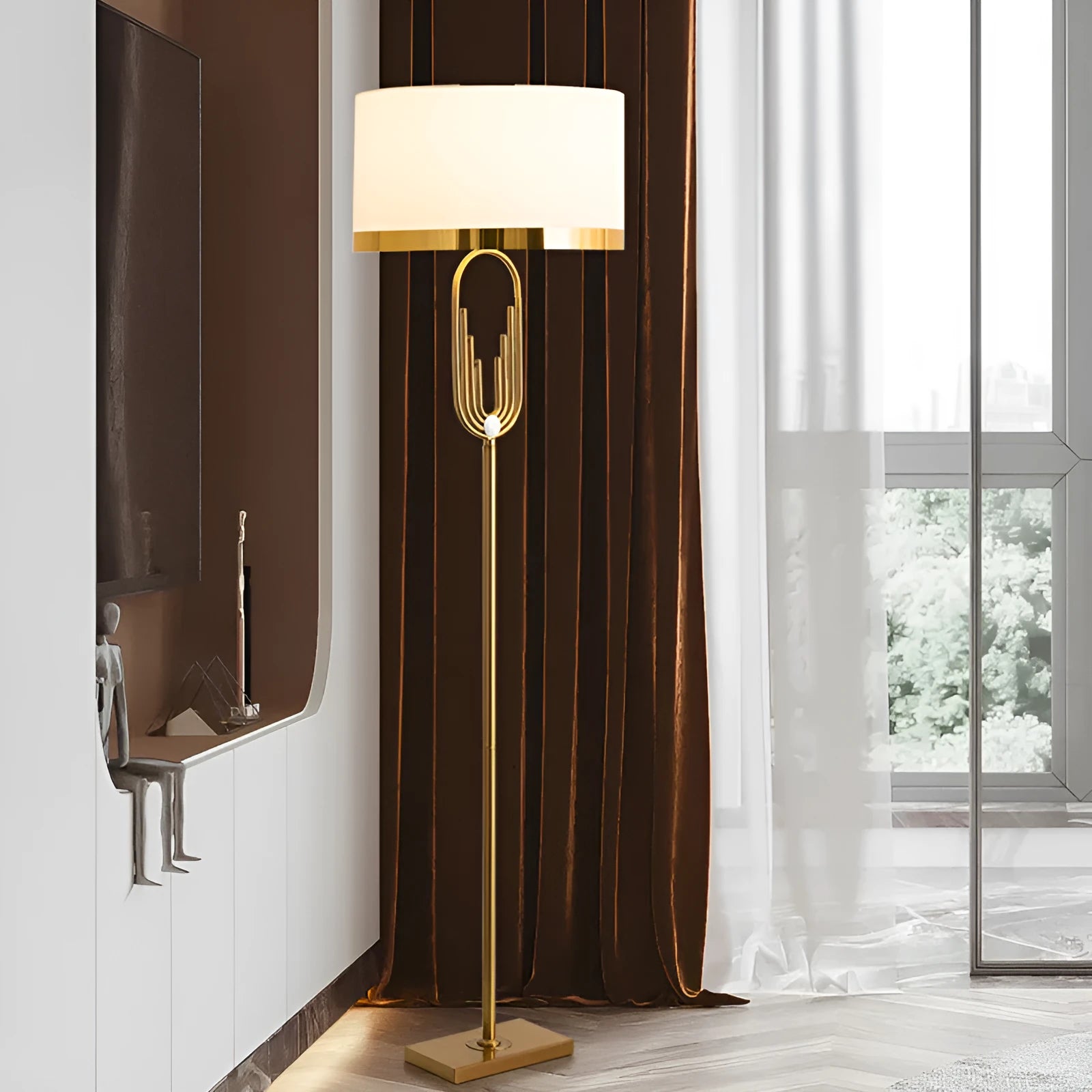 Modern silver floor lamp with adjustable height mechanism and fabric shade, remote control on side table