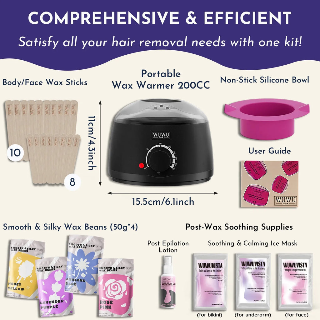 Waxing gift set with black wax warmer, wax beans, application sticks, aftercare lotion, and cooling masks.