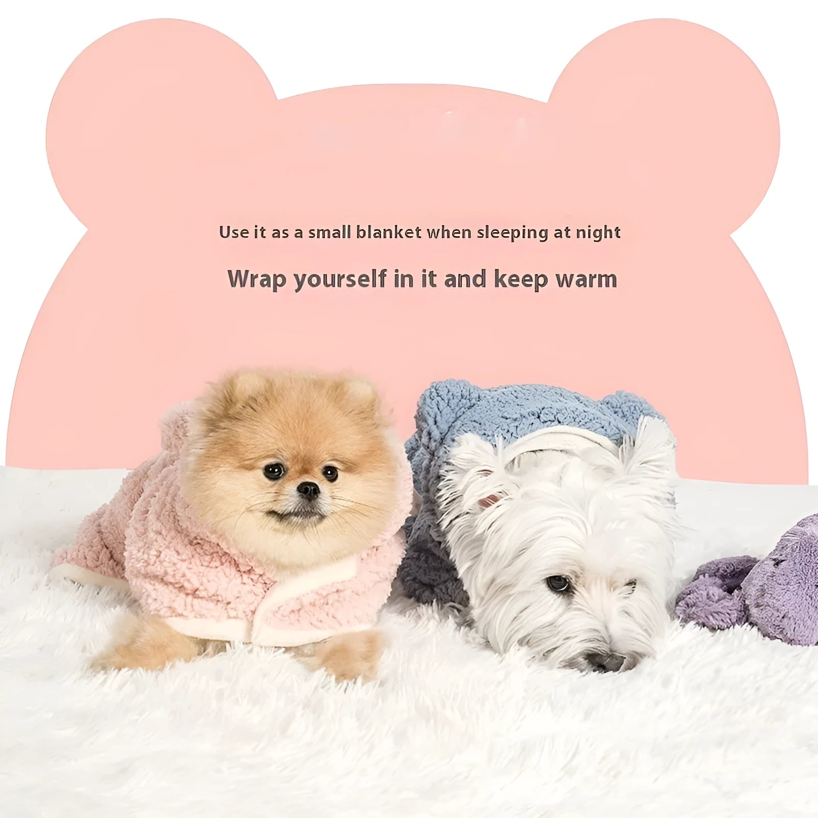 Cotton velvet bear cloak pet blanket in pink for cats and dogs, warm winter sleeping blanket with bear ears