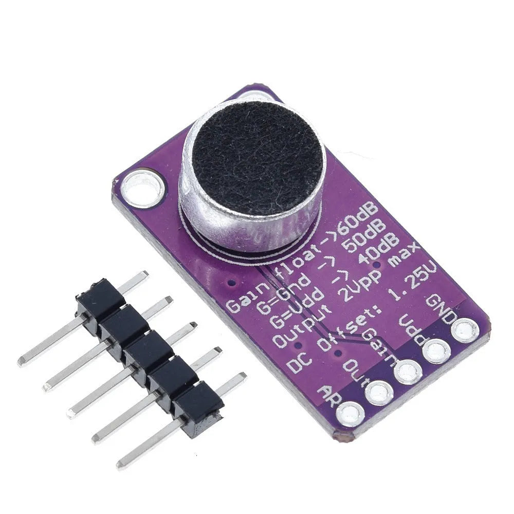 MAX9814 AGC amplifier module with electret condenser microphone CMA-4544PF-W on white background