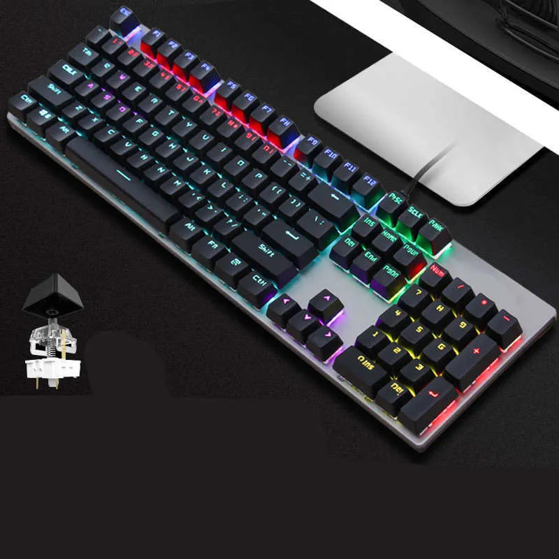 AOC GK410 wired mechanical keyboard with 104 keys and metal frame on a desktop.