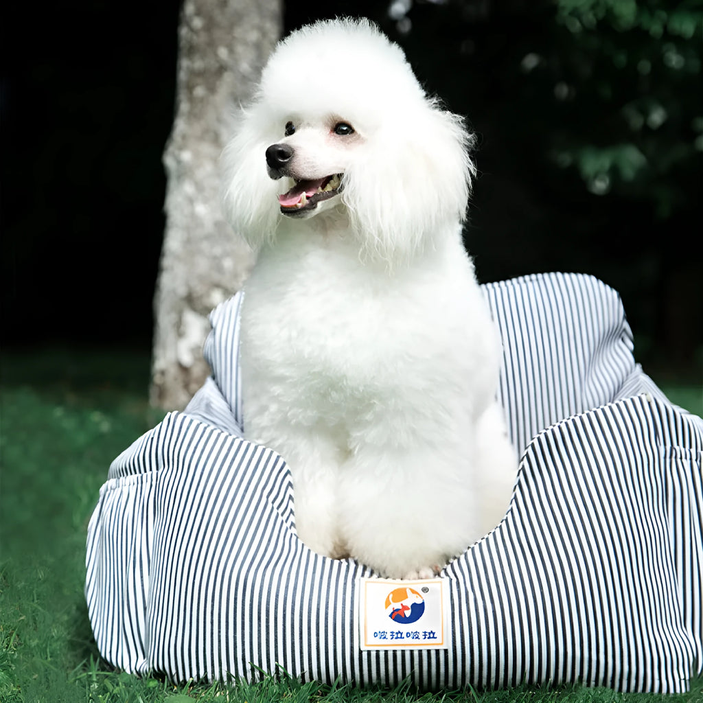 Denim canvas dog travel kennel, 55x50x30cm, shown in blue stripes or deep sea blue