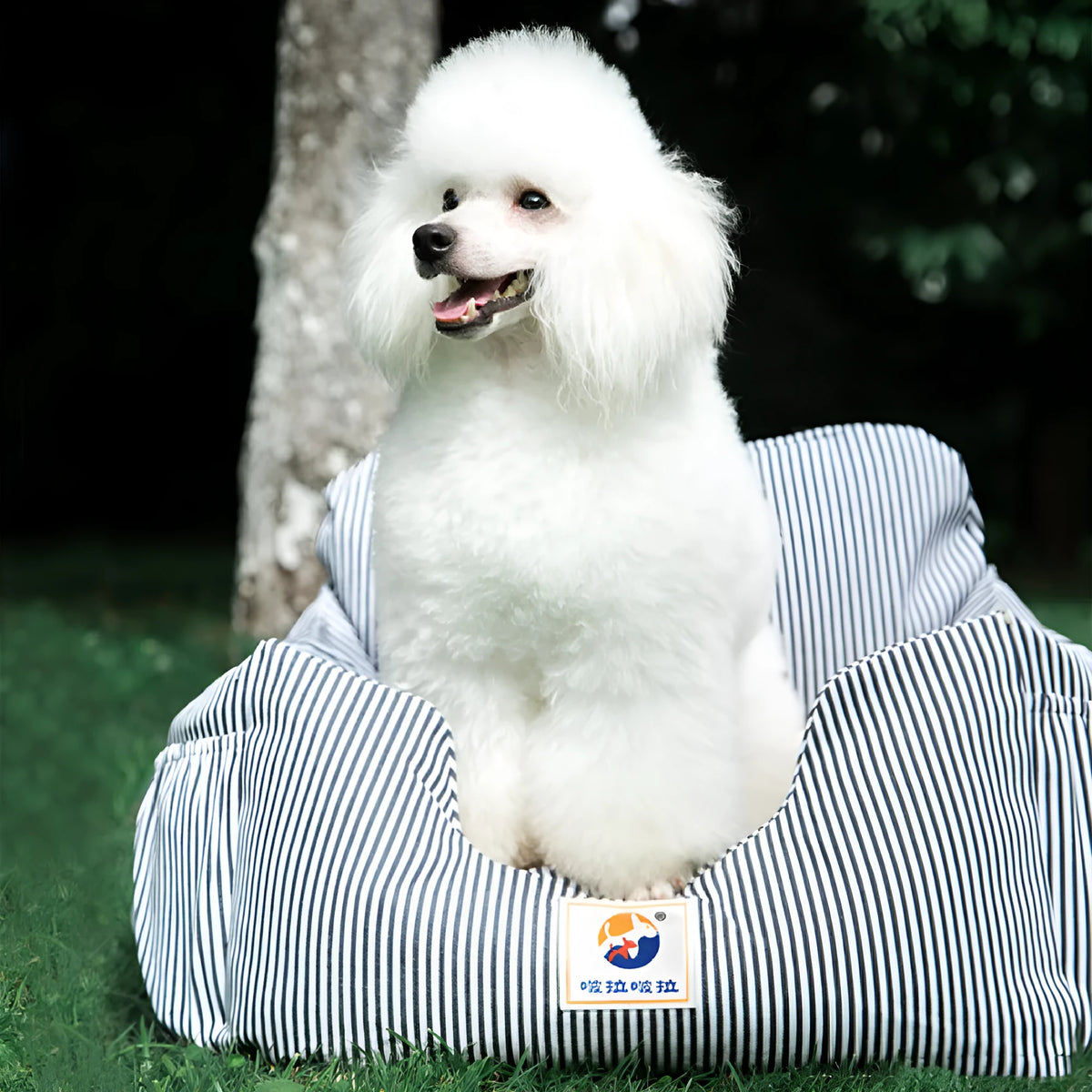 Denim canvas dog travel kennel, 55x50x30cm, shown in blue stripes or deep sea blue