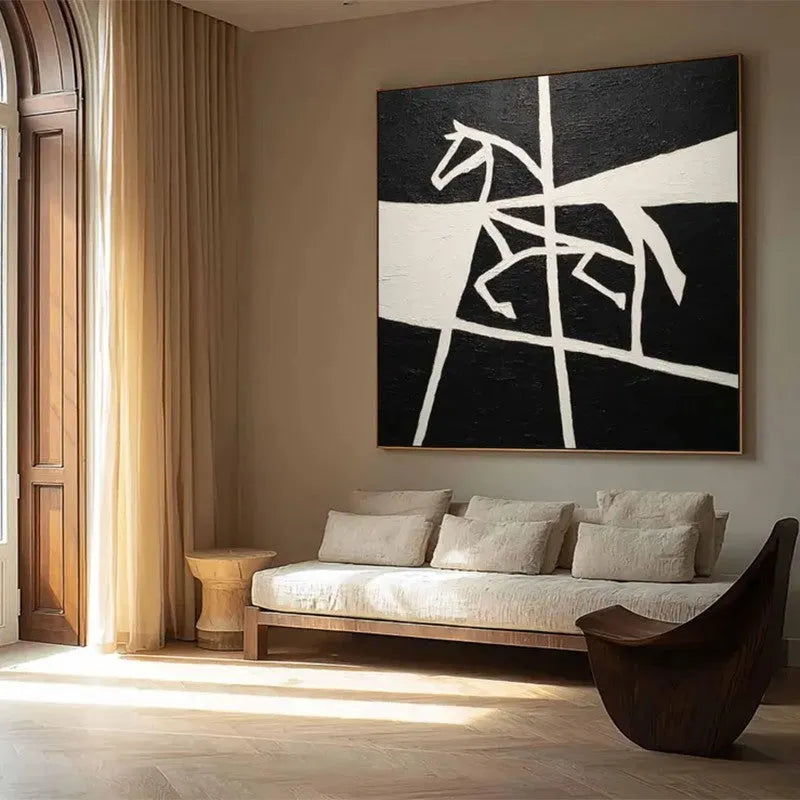 Handmade oil painting on canvas of a black and white horse with success theme, rolled and frameless, square size 60x60cm