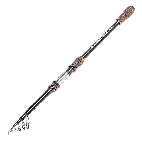 Flame carbon telescopic sea rod in collapsed and extended lengths, with carbon and aluminium alloy construction for shore and boat fishing.