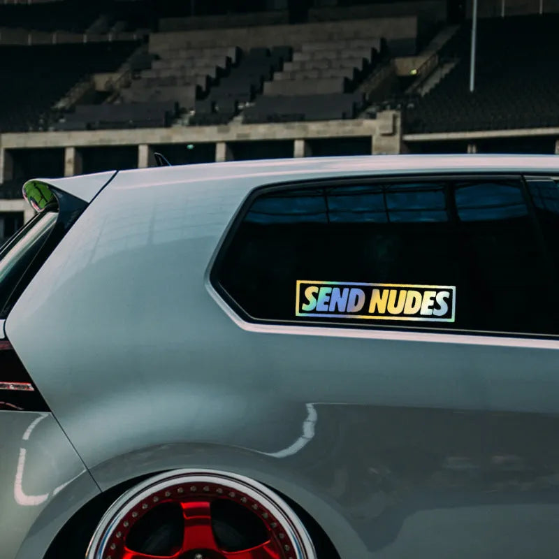 20 by 5 cm car vinyl sticker options: black, reflective white, and seven-colour laser print.