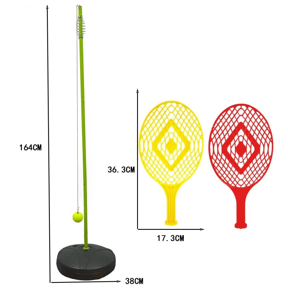 Single tennis trainer with rope, rotating racket, 161cm iron pole, base type or ground plug, ball with string.