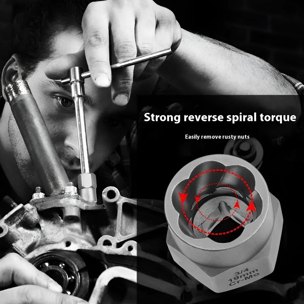 33-piece reverse tooth sleeve screw extractor set in box with chrome molybdenum steel extractors and universal joint