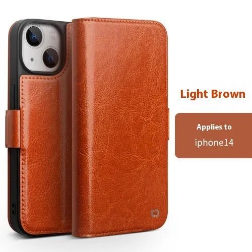 Genuine leather magnetic flip phone case for iPhone 13 and iPhone 14 models in black, brown or colour matching