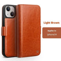 Genuine leather magnetic flip phone case for iPhone 13 and iPhone 14 models in black, brown or colour matching