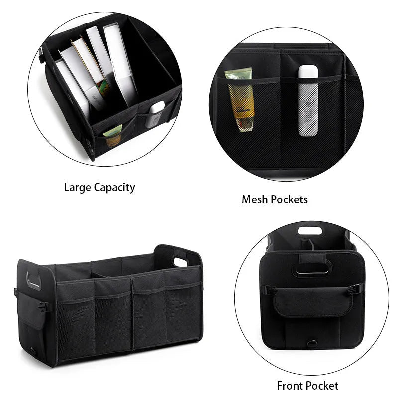 Foldable multi-compartment car boot storage box in black with handle and waterproof fabric construction